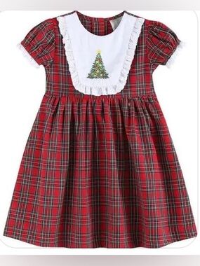 Girls' Red Plaid Holiday Dress with Tree Bib